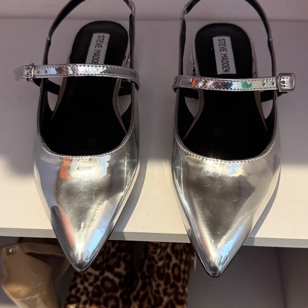 New Steve Madden Anyaa Metallic Silver Mary Jane Flats sling back block heel 7.5 - Picture 3 of 5